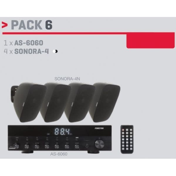 Fonestar Sistema de Audio Prof Pack 6 com Amplificador Estéreo Bt/usb/fm AS-6060 + 4 de 8 OHMS,30W Rms com IP66 SONORA-4N Black (unidade)