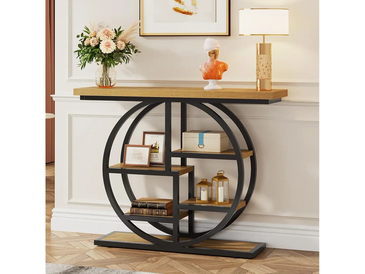 Mesa de console industrial com seis níveis e base circular - Mesa auxiliar estreita de madeira com prateleiras de armazenamento para o sala de estar
