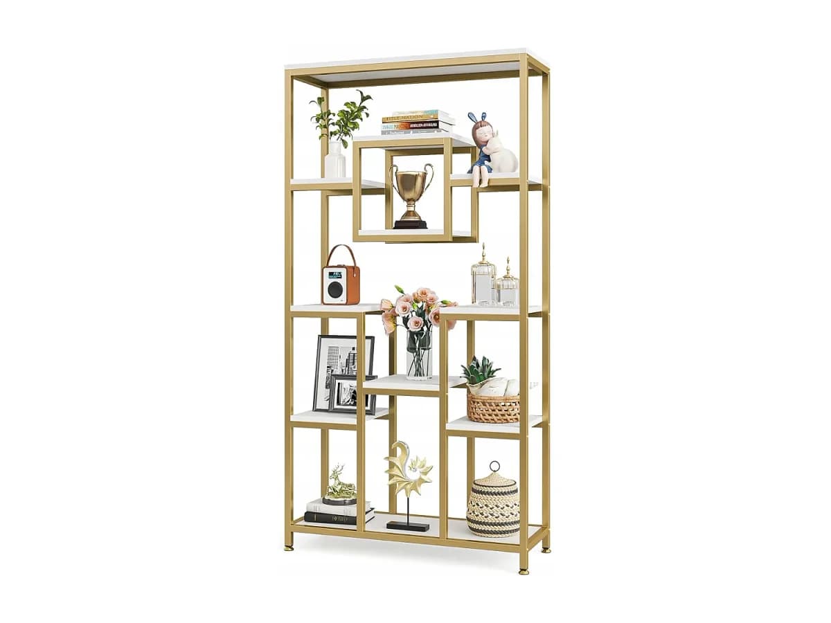 Estante de livros de ouro com 180 cm de altura, estante moderna autossustentável com 11 prateleiras de armazenamento abertas