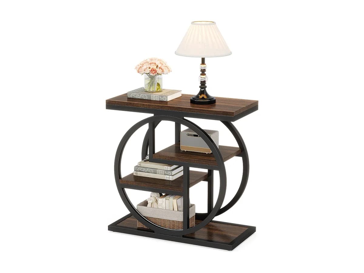 Mesa de apoio estreita de 4 níveis com prateleiras de arrumação, mesa de cabeceira industrial para quarto, sofá pequeno de madeira com estrutura de metal geométrica, castanho