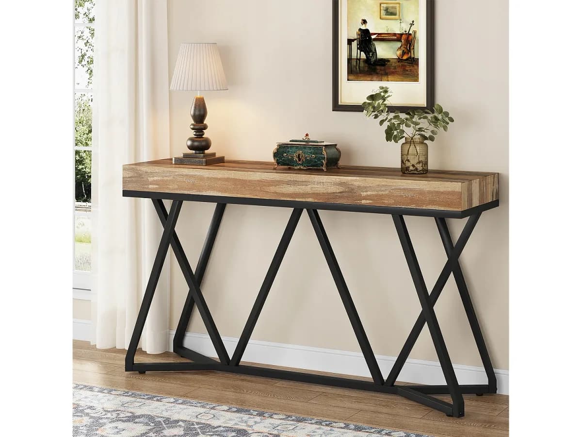 Mesa consola de 140 cm, mesa de entrada em madeira com base em metal exclusiva, mesa de centro, mesa de hall de entrada, mesa de destaque industrial para corredor, sala de estar, entrada