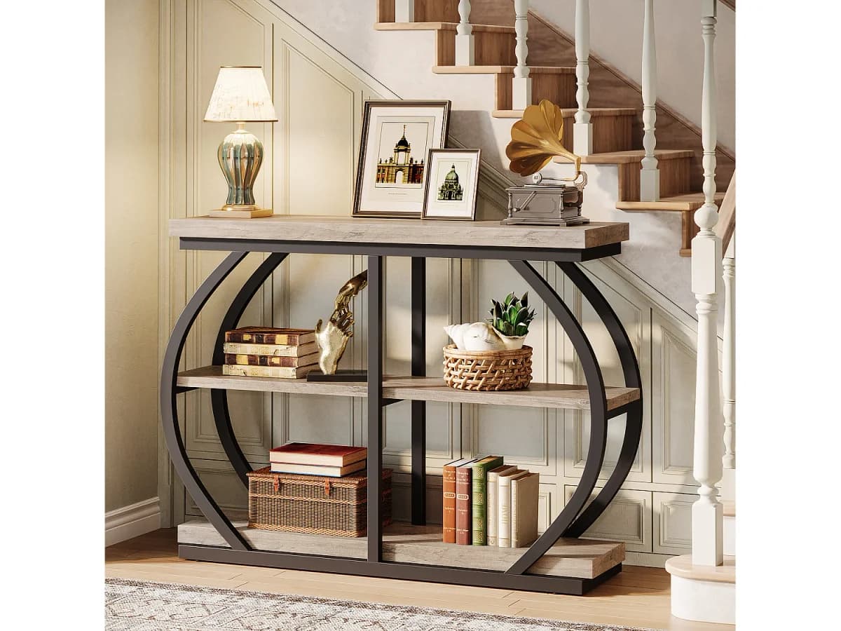 Mesa de Console 105cm, Mesa de Entrada Industrial de 3 Andares com Quadro de Metal Arcoado e Prateleiras de Armazenamento