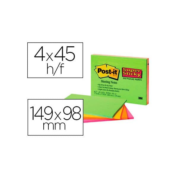 Post-it Bloco Meeting Notes Super Sticky 152 x 101 mm Sortido Pack 4, 45 Fls Cada Pack 4 Blocos - 689975