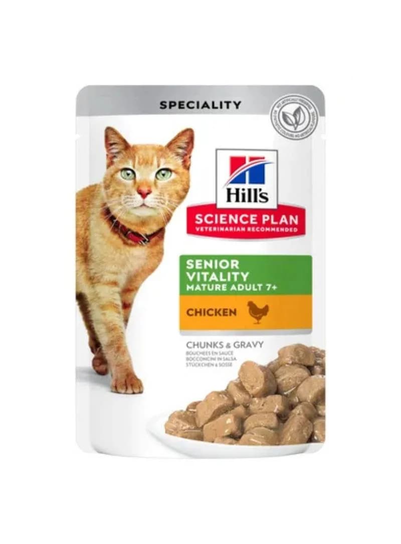 Hill's Science Plan Mature Adult 7+ Senior Vitality com Frango e Salmão - Alimento húmido para gatos maturos (12 x 85 g)
