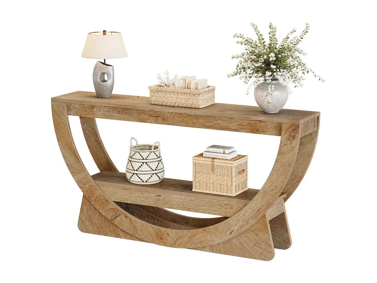 Mesa de Consola de 160 cm de Comprimento, Mesa de Entrada Rustica com 2 Prateleiras de Armazenamento