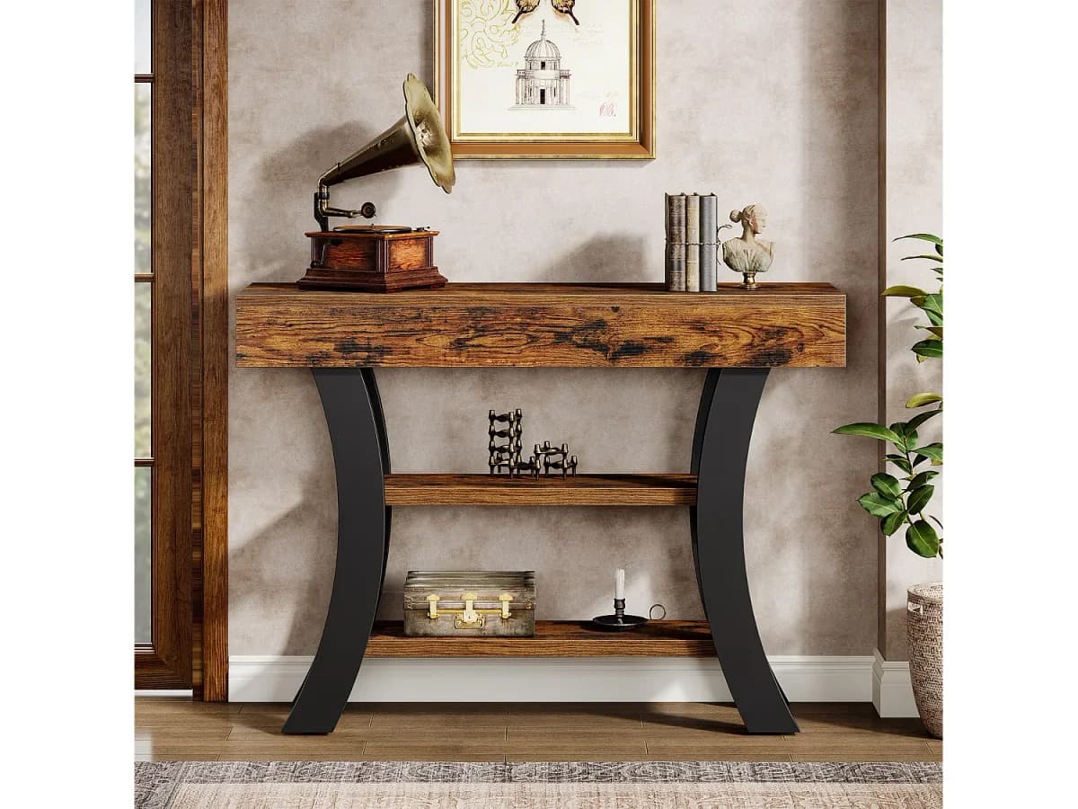 Pequena mesa de apoio de 105 cm para o hall, mesa de sofá rústica com 3 níveis