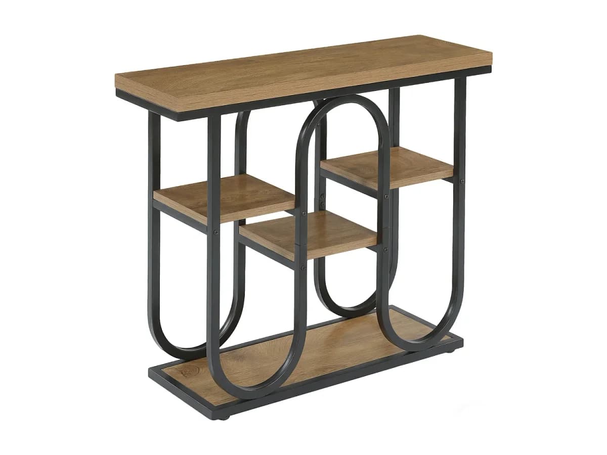 Mesa de Console Industrial, Mesa de Sofá de 4 Andares com Prateleiras Abertas e Estrutura de Metal, Mesa de Entrada Rustica