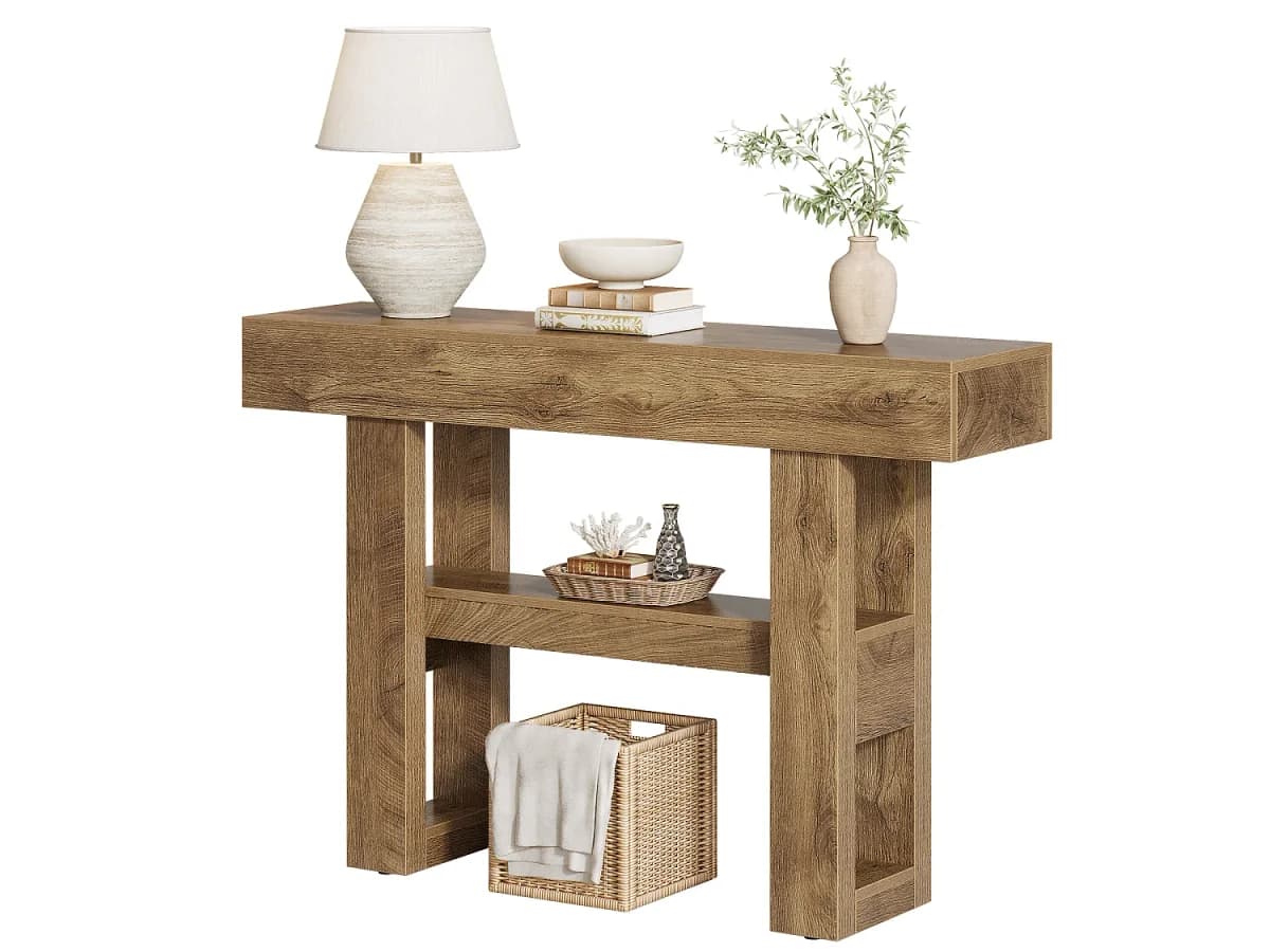 Mesa de Console de 105 cm, Mesa de Entrada Rústica com Armazenamento de 2 Níveis, Móvel de Sofá Estreito para Vestíbulo