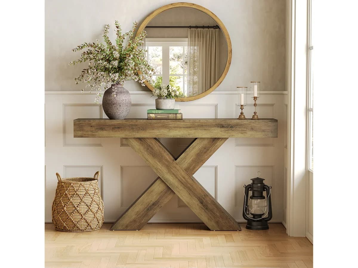 Mesa para entrada estreita de 140 cm com design em forma de X, mesa para sofá rustic industrial para sala de estar