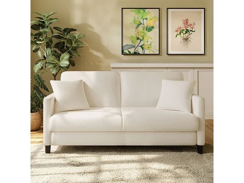 Sofá 2 lugares em Tecido de veludo teddy com 2 Travesseiros - Bege - 148 x 89 x 79cm