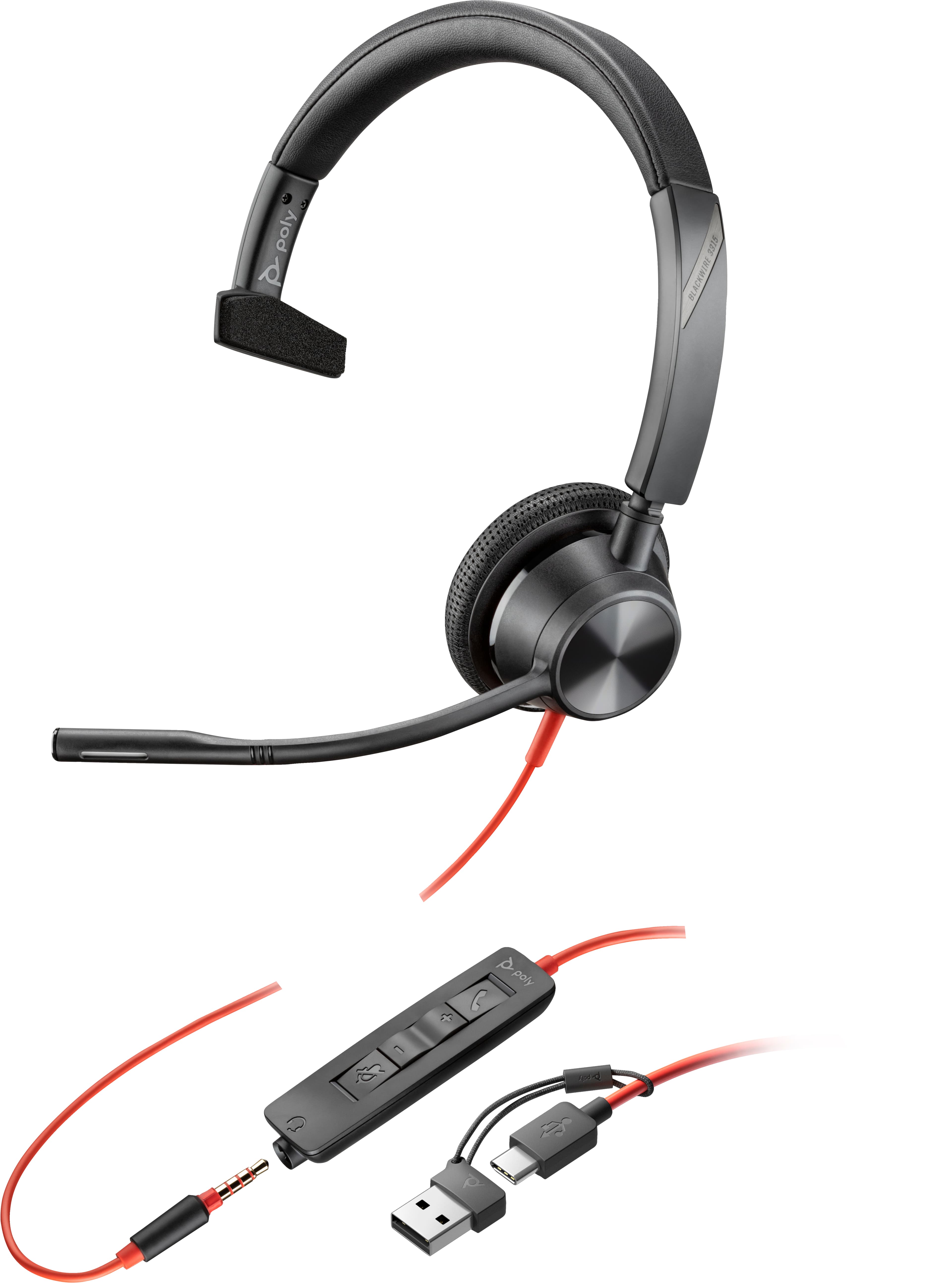 HP Poly Blackwire 3315 Monaural USB-C, USB-A, 3.5mm Cancelamento de Ruído Preto