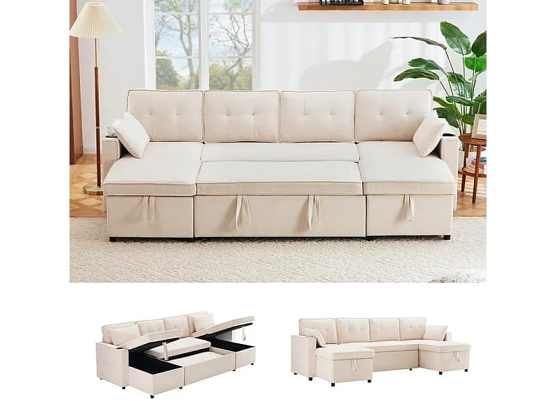 Sofá de canto conversível com 2 baús, travesseiro, algodão e copo de linho - 270 × 130 × 86cm - bege bege