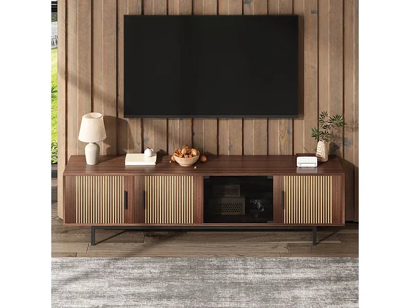 Gabinete de TV de 200 cm - com LEDs e porta de vidro - MDF e painel de partículas - Natural