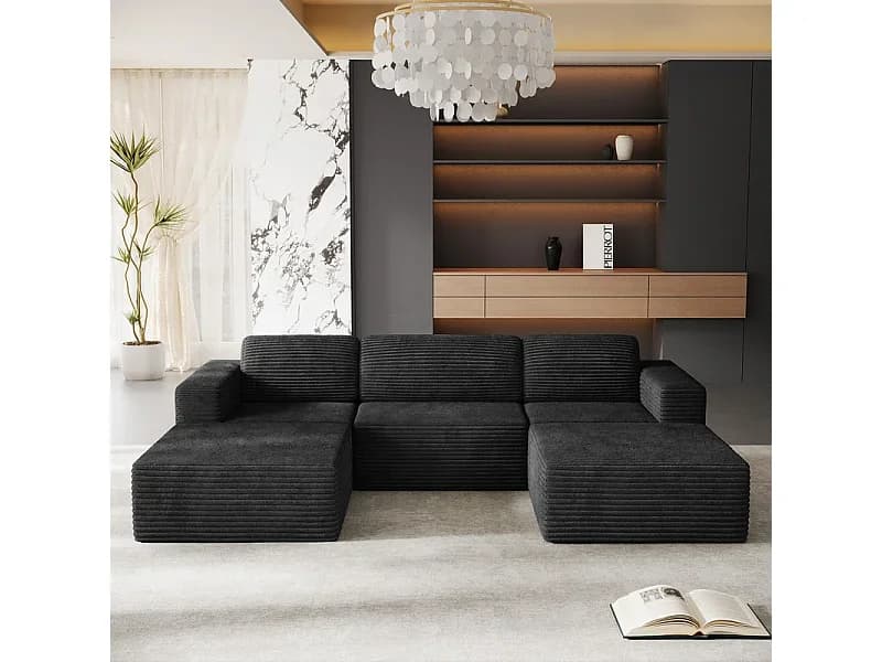 Sofá de Canto Modular 3 lugares em Veludo Cotelê, com 2 puffs e 3 almofadas, 303x202x82cm, Preto