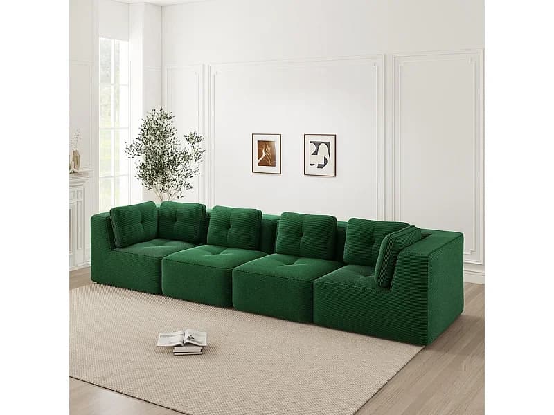 Sofá 4 lugares modular, com 6 almofadas, em veludo cotelê, 386x104x69cm, verde
