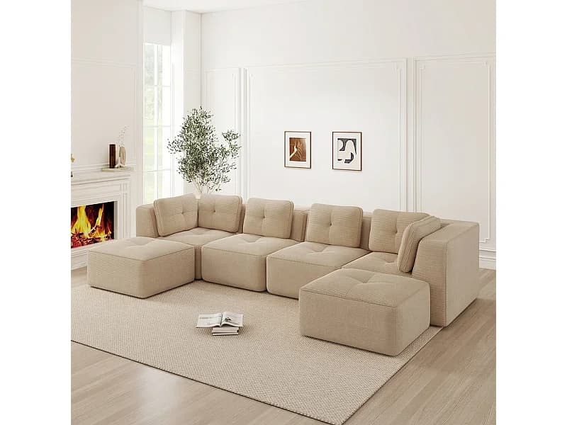 Sofá panorâmico 4 lugares modular, em veludo cotelê, com 2 pufes, 386x177x69cm, bege