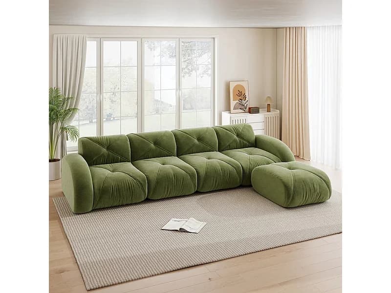 Sofá 4 lugares de canto modular em tecido Chenille, com pufe, 358x171x76cm, Verde