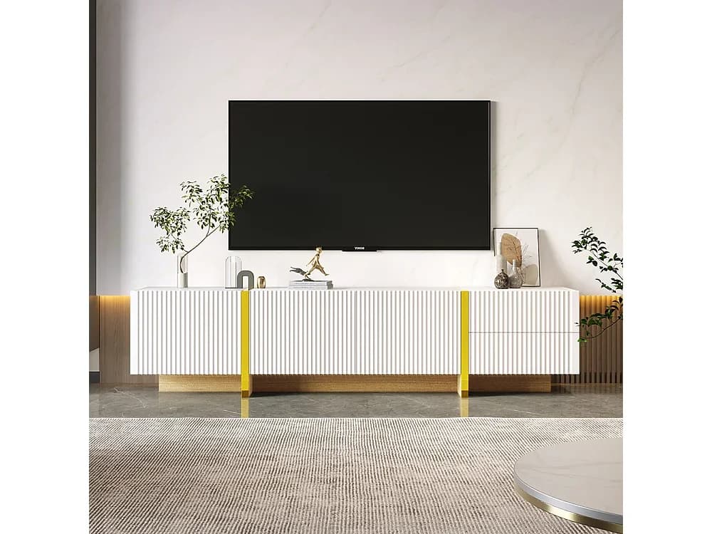 Móvel para TV de 190 cm, móvel de arrumação, 3 portas e 2 gavetas, branco com dourado e grão de madeira