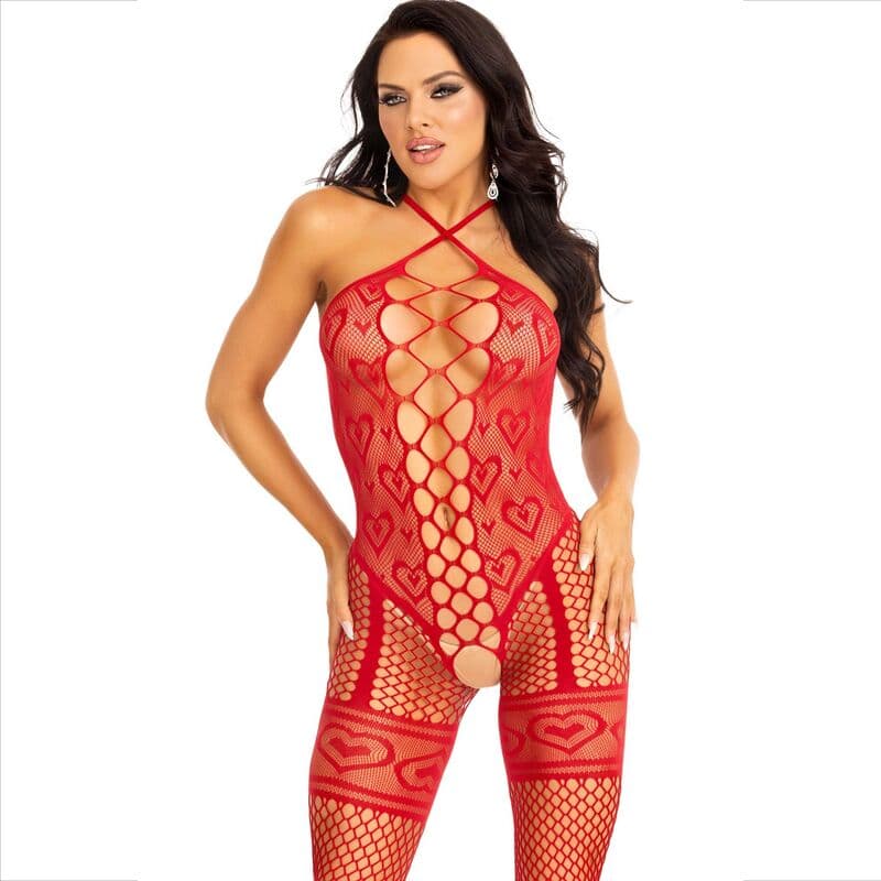 Leg Avenue Bodystocking Neck Halter Red Hearts Red