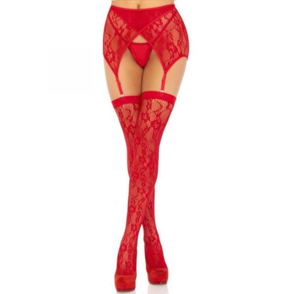 Leg Avenue Coxas de Renda e Cinto de Ligas Vermelho