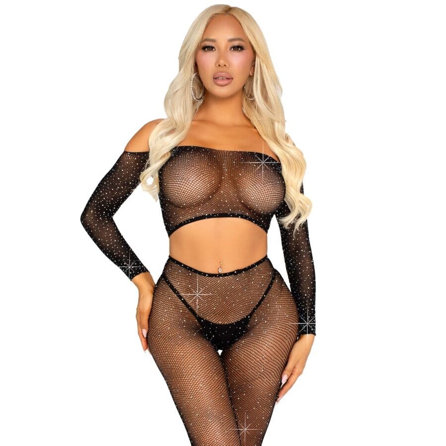 Leg Avenue Top Crop e Legging de Rede Preto Tamanho Único