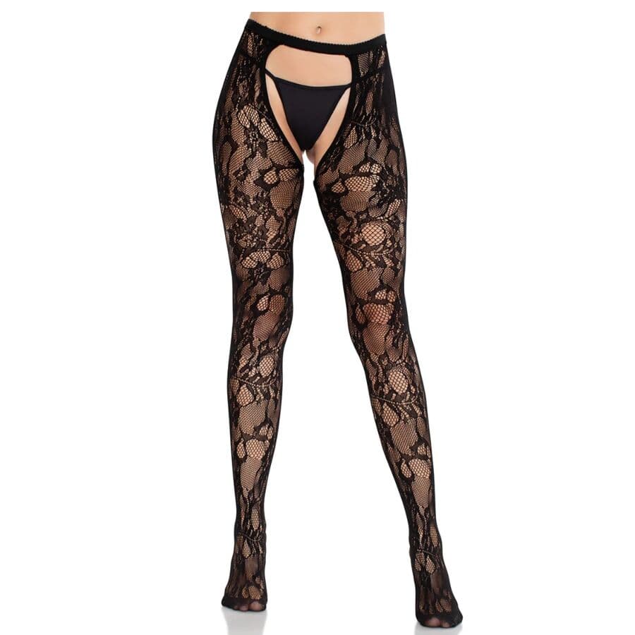 Leg Avenue Meias de Renda Rosa com Costas Abertas Pretas Tamanho Único