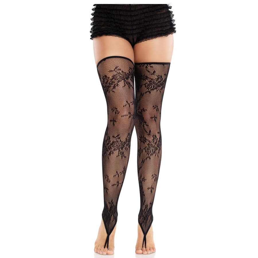 Leg Avenue Meias sem Pés de Renda Floral Pretas Tamanho Único