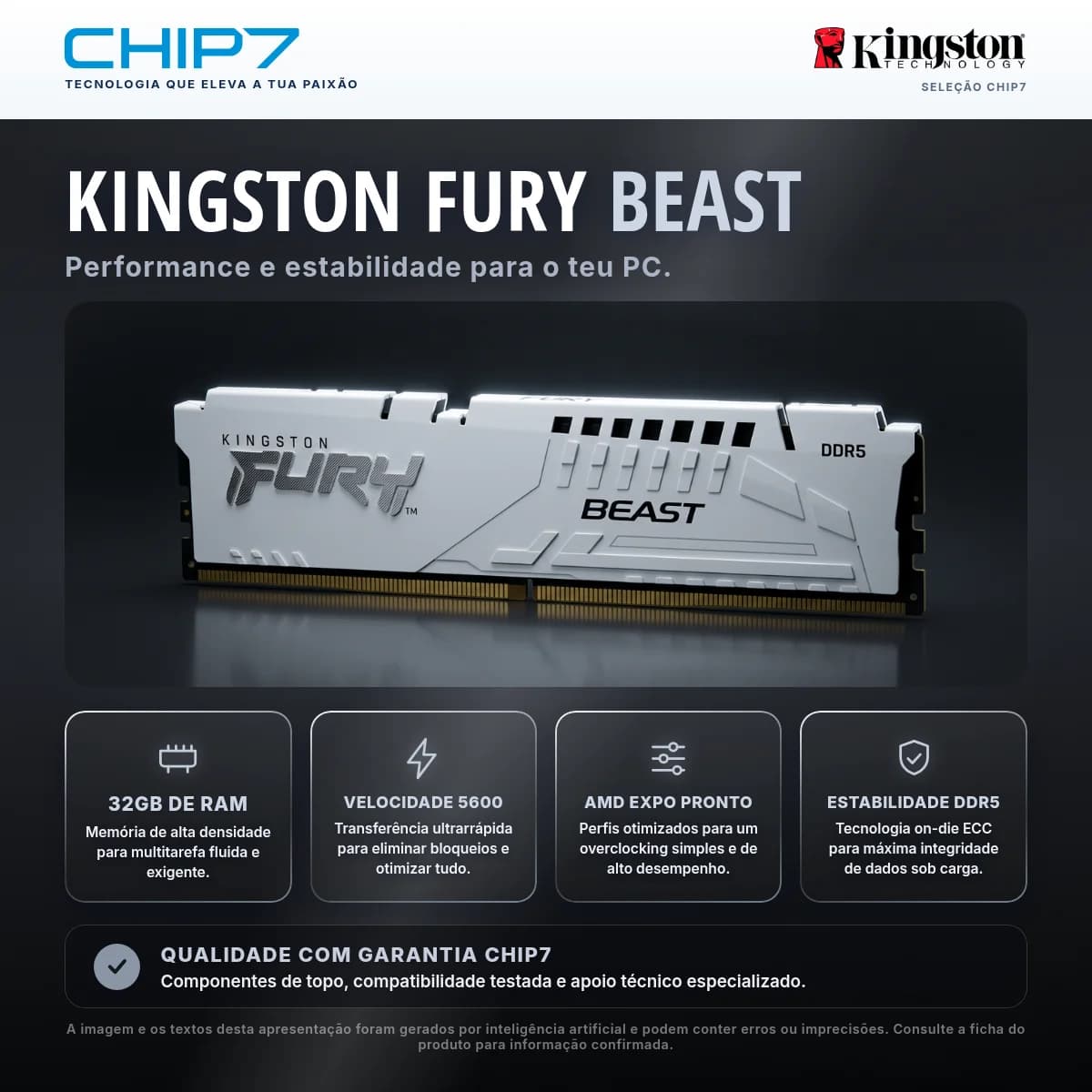 Memória RAM Kingston 32GB DDR5-5600 (1x 32GB) Branco, KF556C36BWE - KF556C36BWE-32