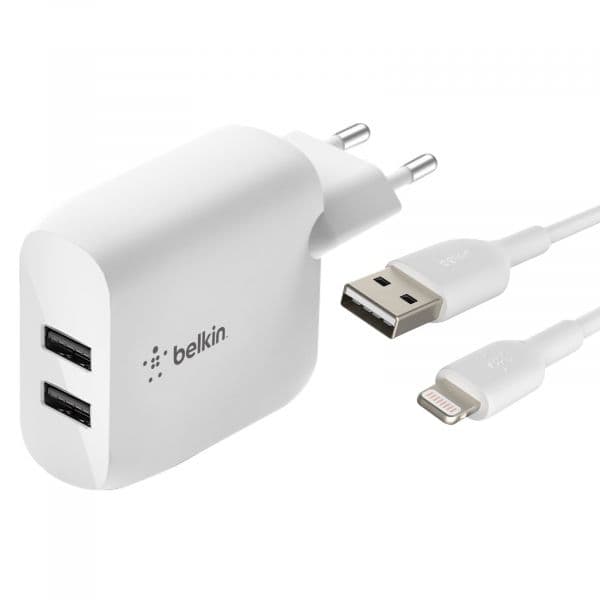 Belkin Carregador Boost Duplo usb de 24W com Cabo de Lightning de 1m Branco - SEC-BLK-E001L