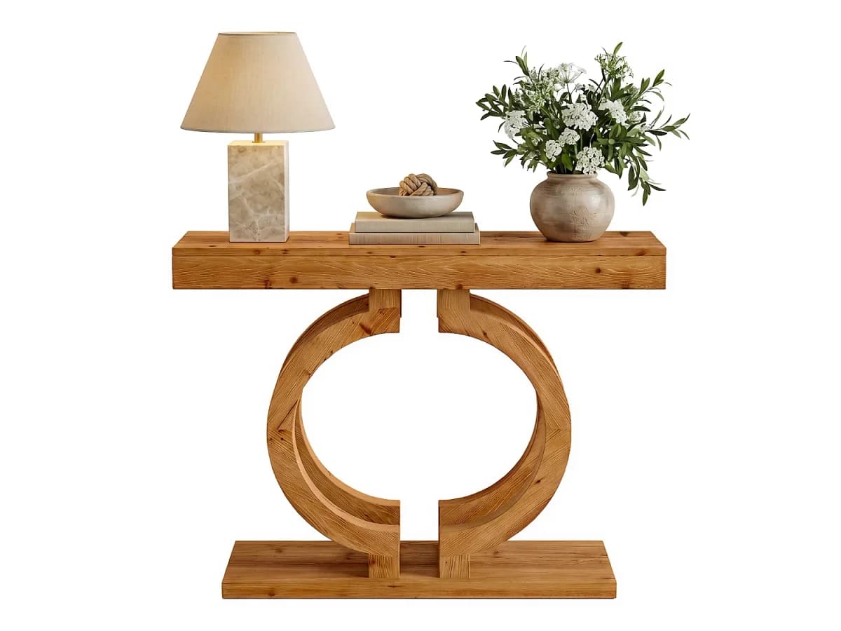 Mesa de Consola de Madeira Sólida, Mesa de Entrada de Madeira Natural de 110cm com Base Artística de Círculo Duplo