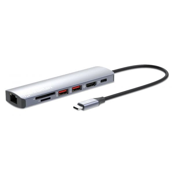 Manhattan Estação de Acoplamento USB-C 7-em-1 4K HDMI USB-A USB-C RJ45 MicroSD SD com Power Delivery 100W