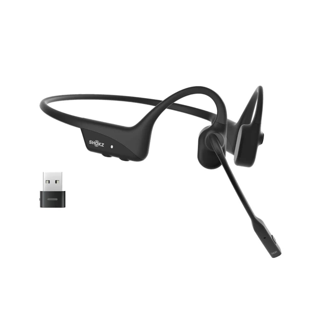 Shokz OpenComm 2 UC Bluetooth Knochenschall USB-A Preto com Dongle e Upgrade Acessórios