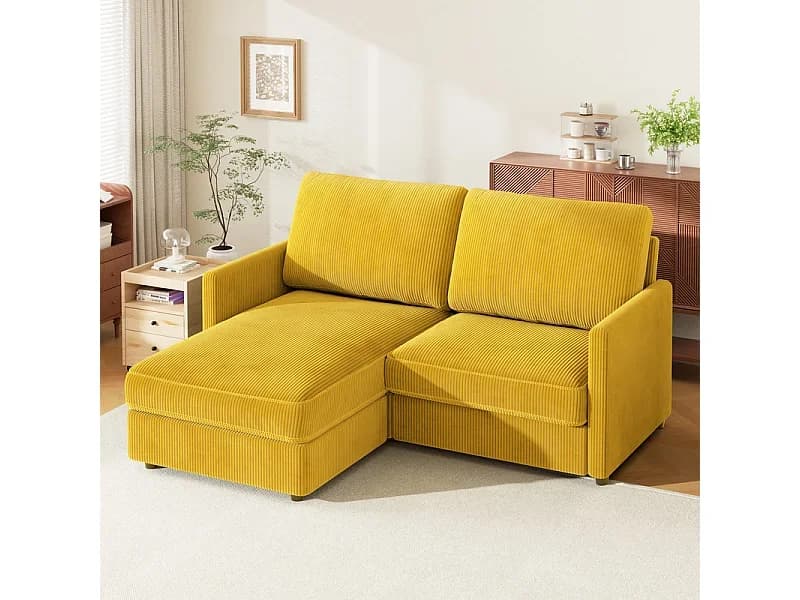 Sofá de canto de 2 -Sater - ângulo reversível para a direita / esquerda - 180x140x86cm - em tecido de veludo com nervuras - Max 300kg Load - Mostarda Amarelo
