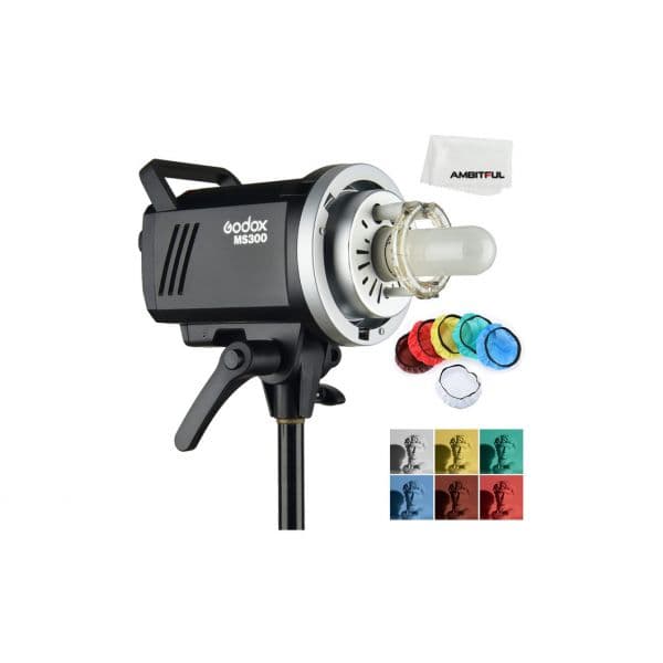 Godox Flash Strobe 300W MS300 + lâmpada de modelagem 150W + filtros