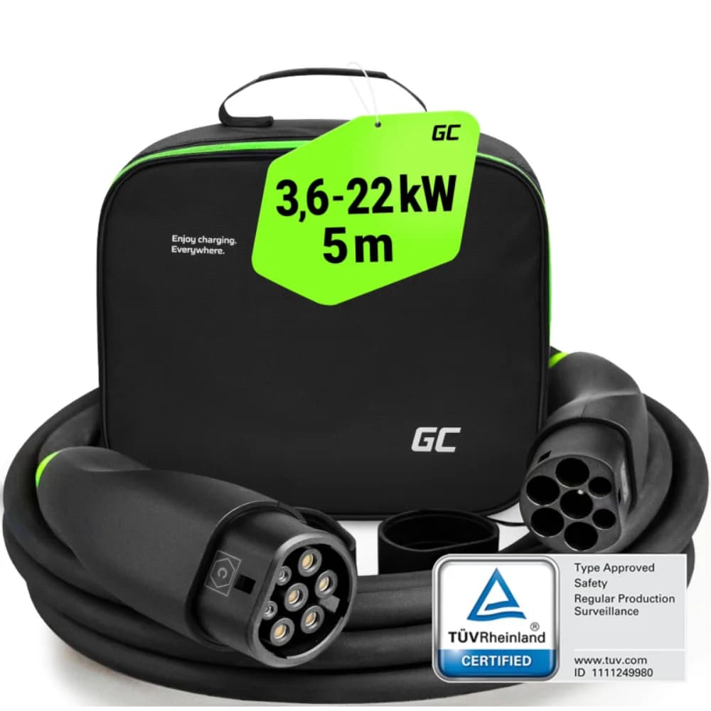 Green Cell Cabo EV Tipo 2 para Tipo 2 22 kW 3 Fases 5 Metros para Carregamento de Veículos Elétricos EVKABGC01