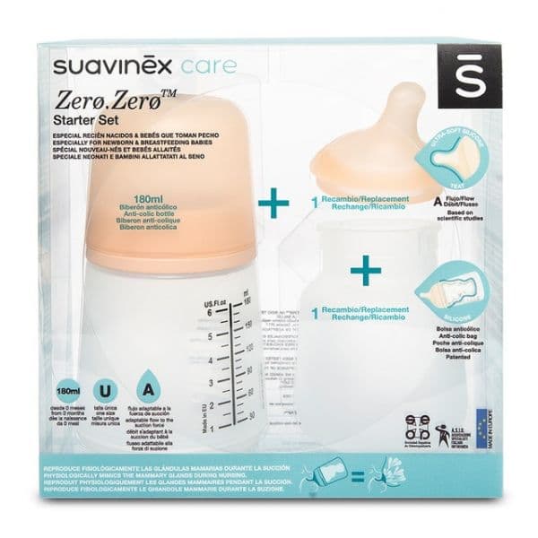 Suavinex Pack de Amamentação: Biberão Zerozero Anticólicas Fluxo Adaptável + Tetina de Recarga + Bolsa Anticólicas de Recarga Transparente