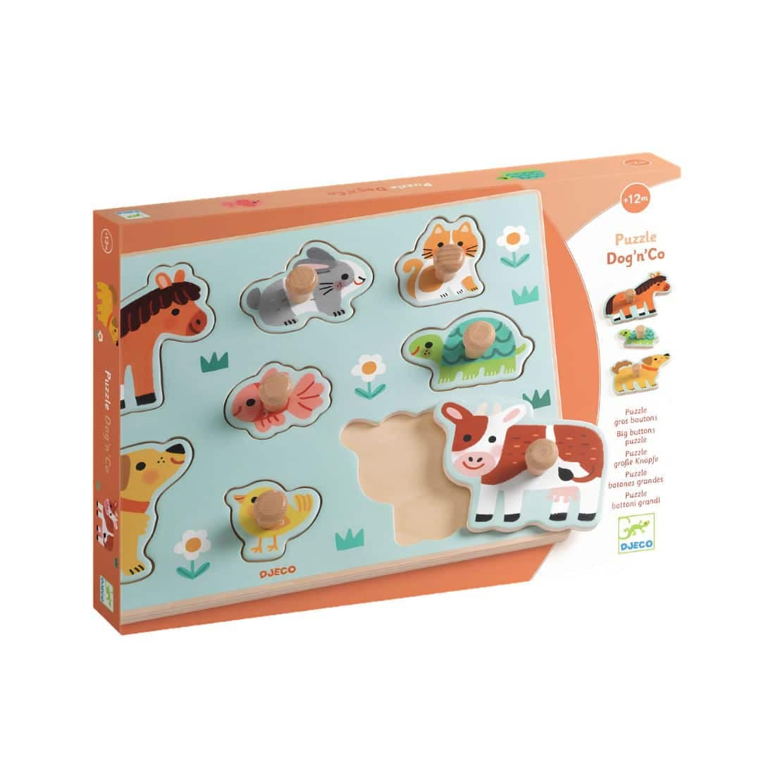 Djeco dog n co – puzzle c/ pega animais + 12 meses