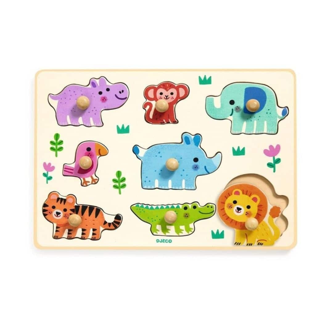 Djeco hippo n co – puzzle c/ pega animais da selva + 12 meses