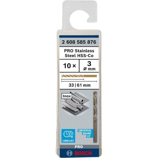 Bosch Broca PRO HSS-Co Aço Inoxidável 3 x 33 x 61 mm 10 Unidades