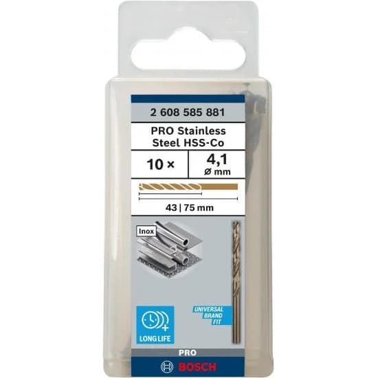 Broca PRO Stainless Steel HSS-Co, 4,1 x 43 x 75 mm, 10 unid. refª 2608585881 BOSCH - 2608585881 - Ferramentaspro.pt