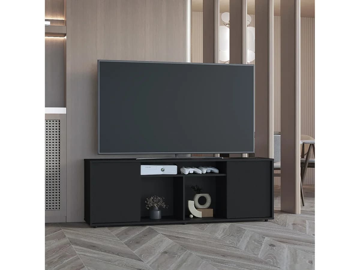 Suporte de TV em melamina Prana com ampla arrumação e 3 prateleiras, 51.5 cm X 150.4 cm X 37 cm , Preto