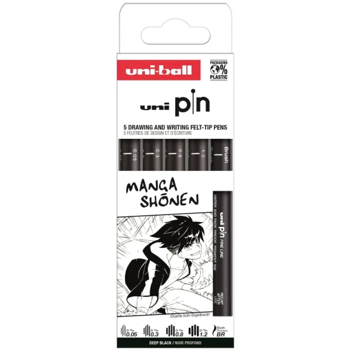 Uni-ball Uni Pin Manga Shonen Pacote de 5 Marcadores Calibrados 0,05, 0,3, 0,8, 1,2 e Pincel – Ponta Poliacetal – Tinta Pigmentada Resistente à Água e Luz – Cor Preta