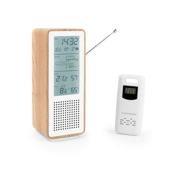 Thomson WS102TWH Coluna Bluetooth Estação Meteorológica Rádio FM Madeira e Branco
