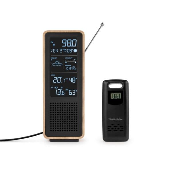Thomson WS102TBK Coluna Bluetooth Estação Meteorológica e Rádio FM com Sonda Exterior Sem Fios Madeira e Preto