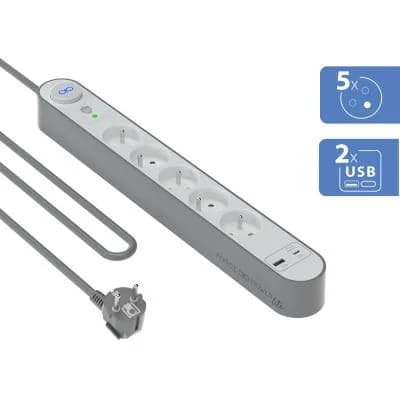 Force Power FPLIPARAF5P2ACPD800J Bloco de 5 Tomadas E-Type 800 Joules USB-A USB-C 1,5m Prata