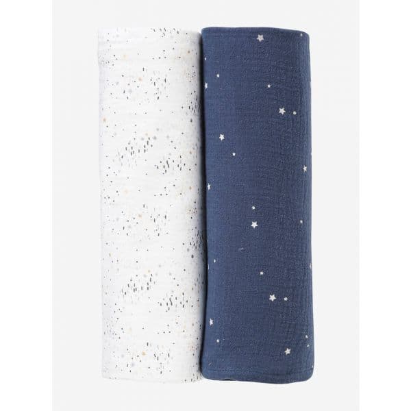 Vertbaudet Lote de 2 Fraldas Swaddle Azul Escuro Estampado