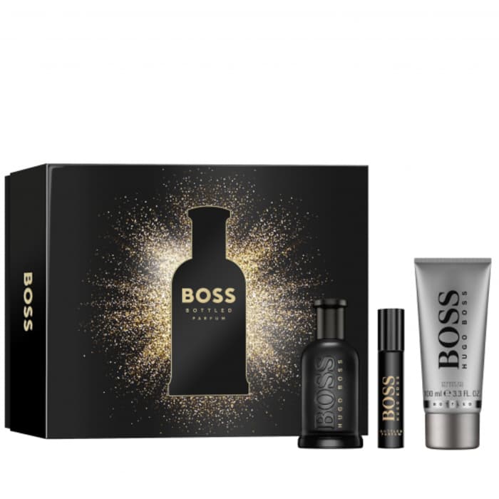 Conjunto Boss Bottled Parfum Parfum 100 ml,miniatura 10 ml a sprchový gel 100 ml