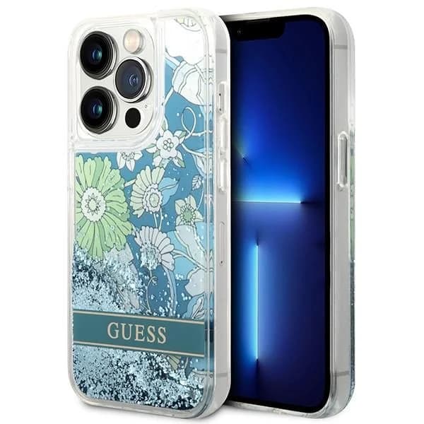 Guess Capa Flower Liquid Glitter para iPhone 14 Pro Max Green