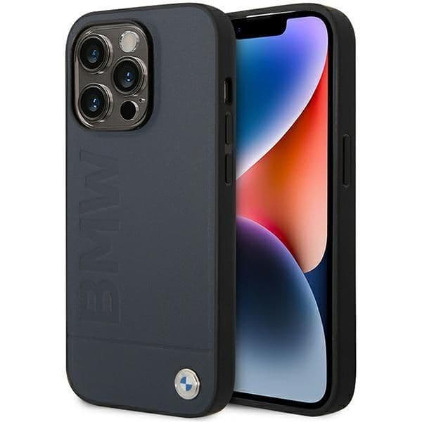 BMW Capa Leather Hot Stamp MagSafe para iPhone 14 Pro Max Navy