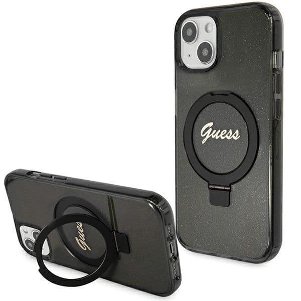 Guess Capa Ring Stand Script Glitter MagSafe para iPhone 15 Preta